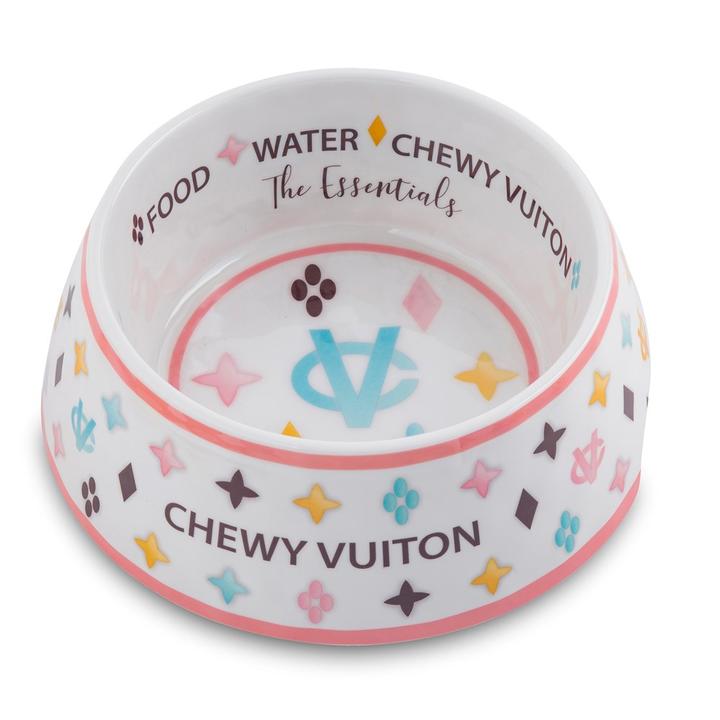 Chewy Vuiton Luxury Pink and White Dog Bowl