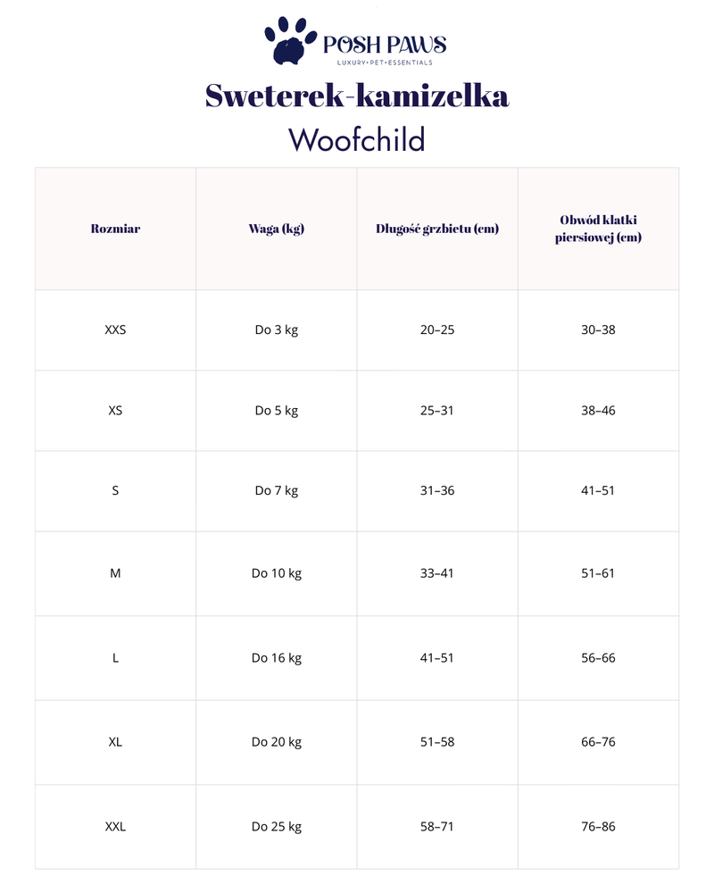 Tabela rozmiarów – Sweterek-kamizelka Cherry w wiśnie dla psa