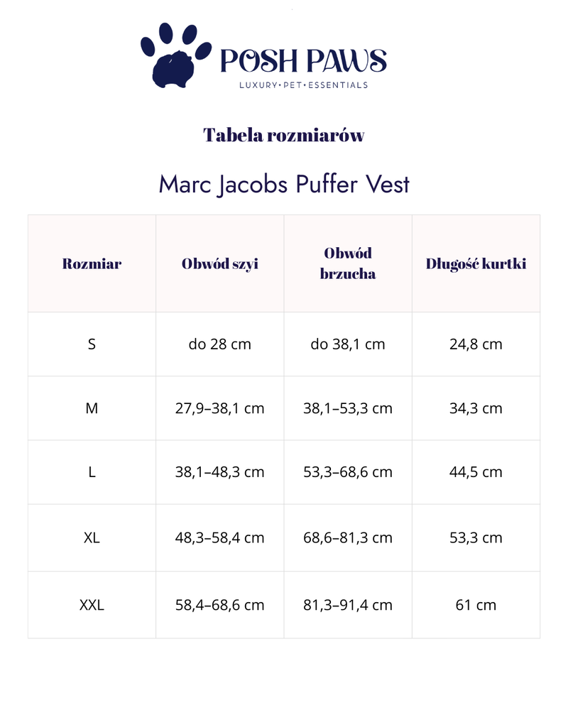 Tabela rozmiarów – Kamizelka puchowa Marc Jacobs