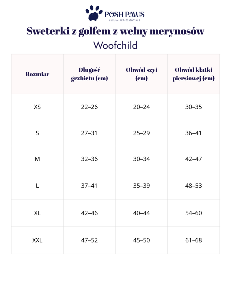 Tabela rozmiarów – Woofy Chocolate Fondant sweterek z golfem dla psa