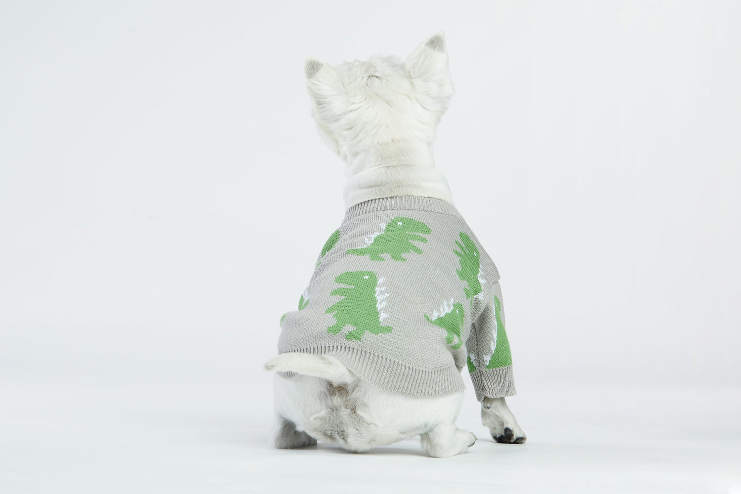 Szary sweterek dla psa w dinozaury