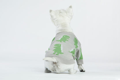 Szary sweterek dla psa w dinozaury