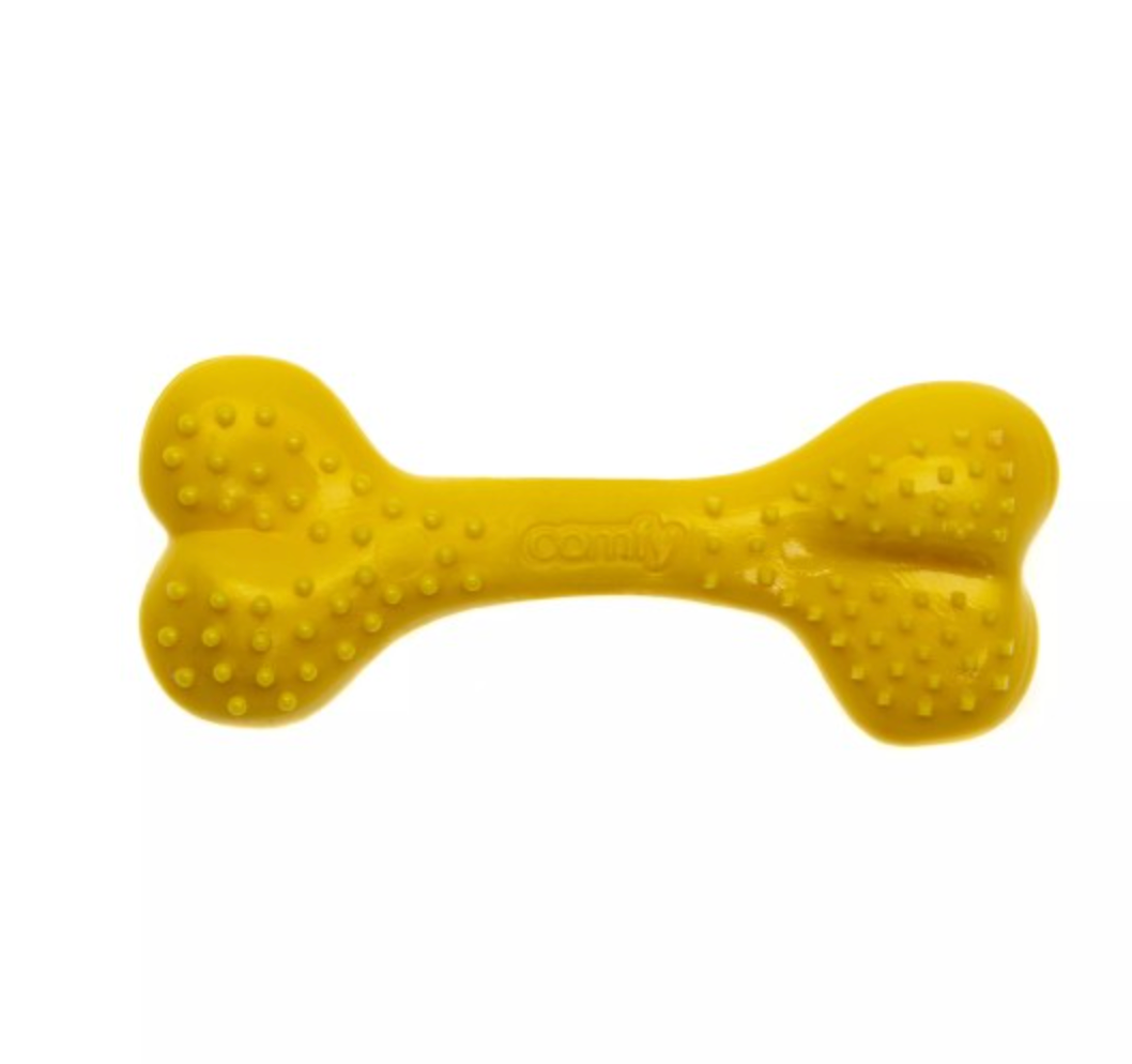 A bone-shaped dog chew with a pineapple scent