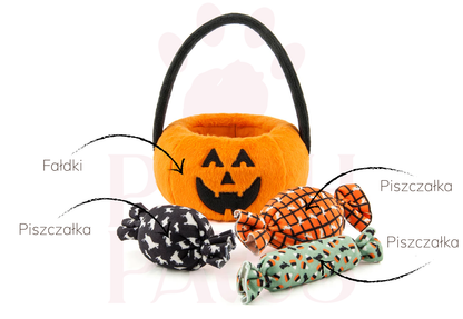 Dyniowy koszyk Howl-o-Ween z trzema przysmakami pluszowa zabawka dla psa