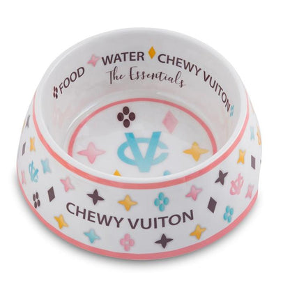 Chewy Vuiton Luxury Pink and White Dog Bowl