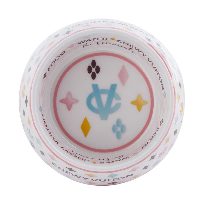 Luksusowa różowo biała miseczka Chewy Vuiton dla psa